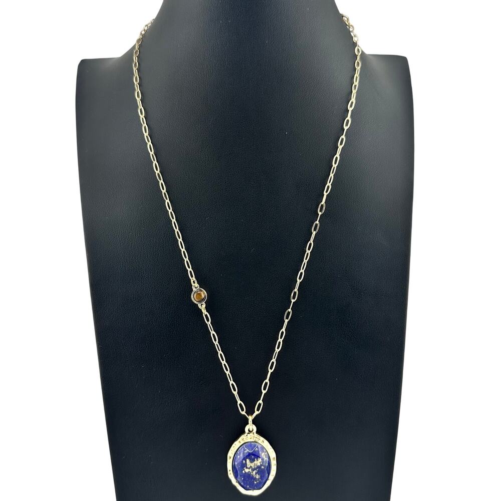 WHBM Faux Lapis Lazuli Cabachon Tiger's Eye Accent Gold Tone 21" Necklace